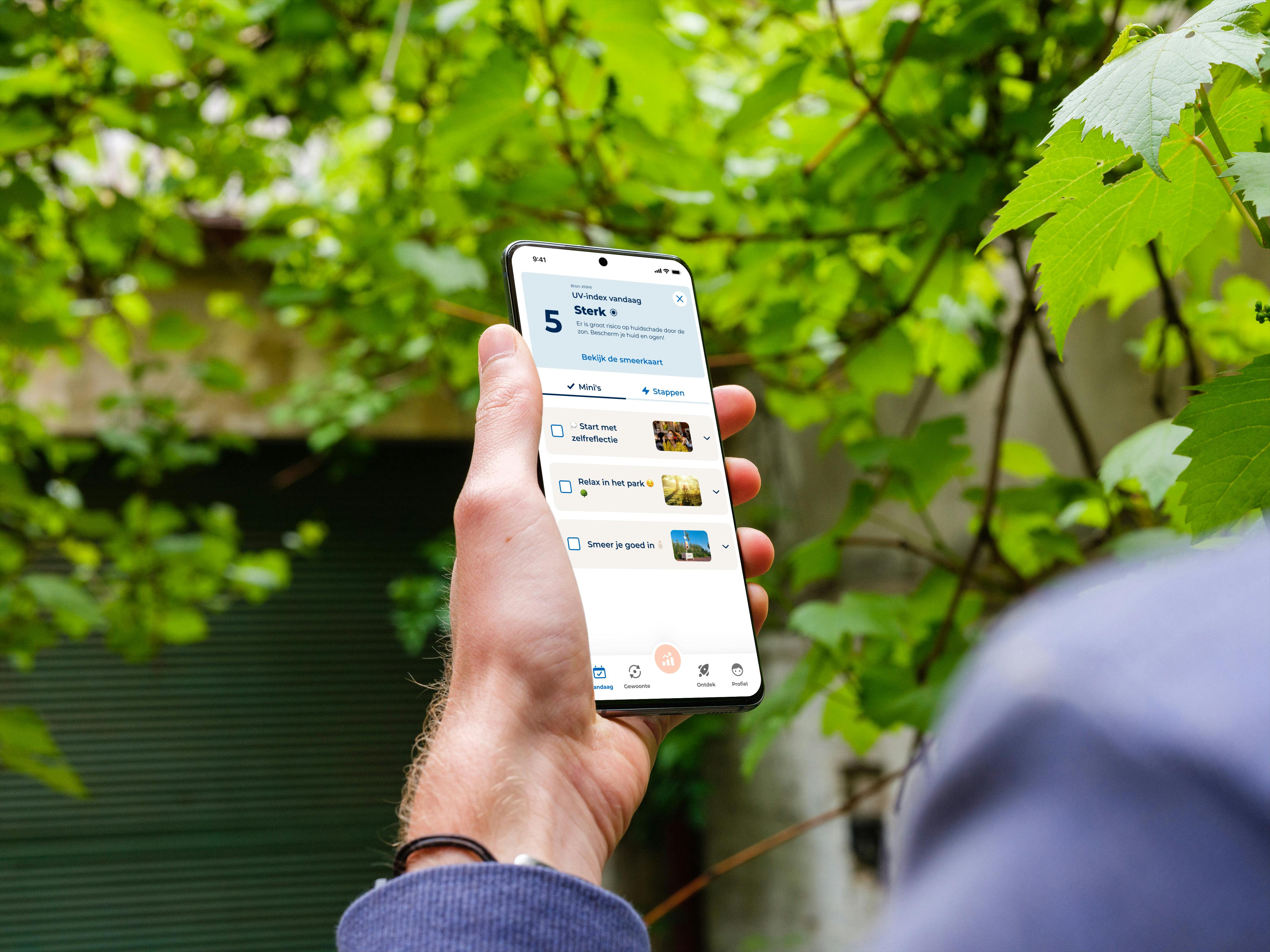 Foto van app Actify waarop te zien is wat de UV-index is