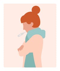 Illustratie vrouw met sjaal om en thermometer in haar mond