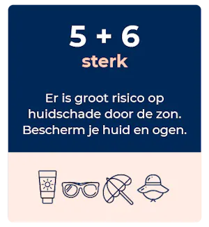 Zonkracht 5+6 sterk risico op huidschade door de zon. Bescherm je huid en ogen.