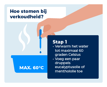 Illustratie hoe stomen bij verkoudheid - Stap 1 verwarm het water tot maximaal 60 graden Celsius en voeg een paar druppels eucalyptusolie of menthololie toe